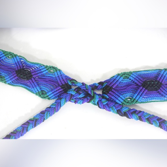 1960’s Psychedelic Hippie Woven Tie Belt Boho Braided Tassels Green Purple Blue - Picture 3 of 7